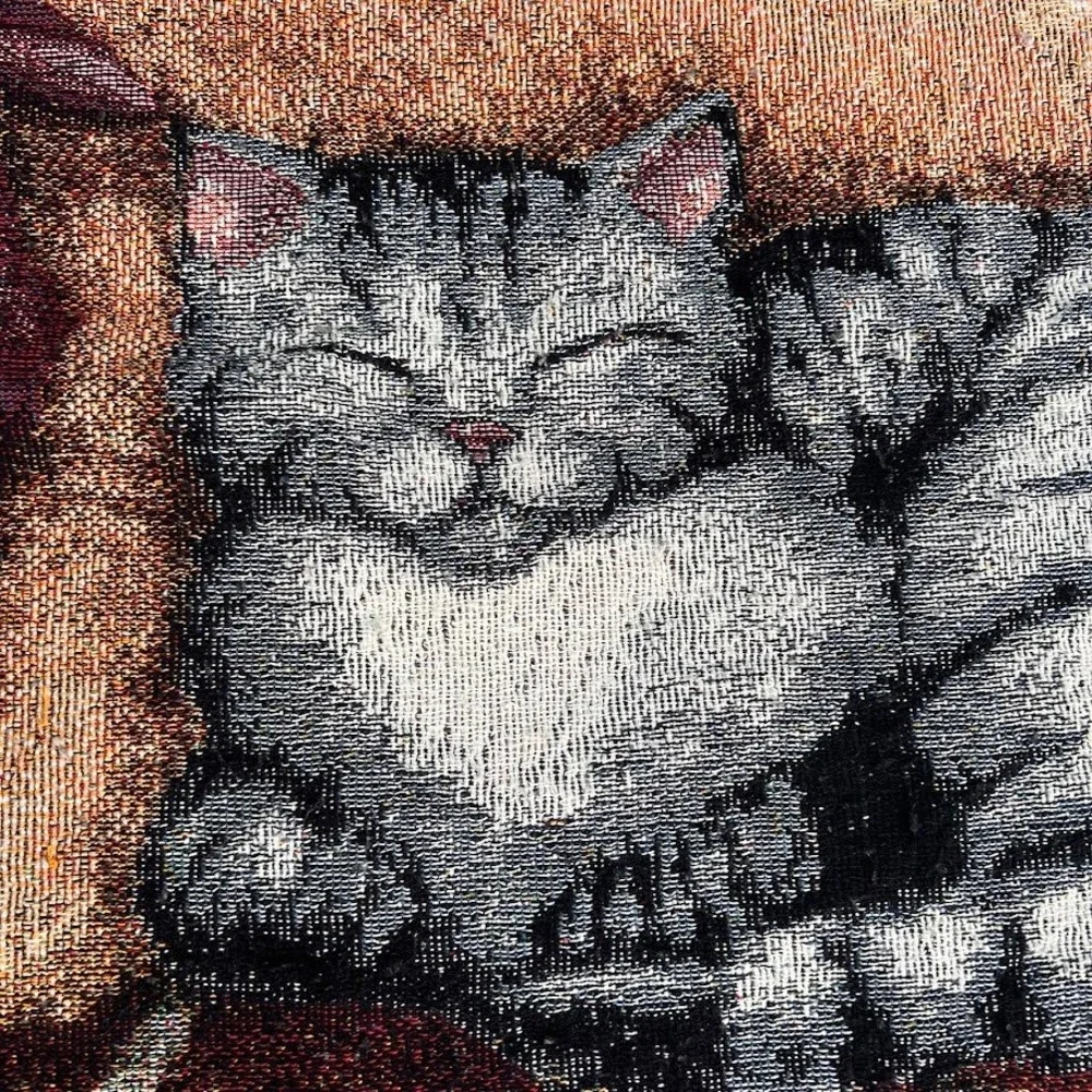 Vintage Dog and Cat Cuddling on Brick Porch Floral Woven Tapestry Blanket Throw